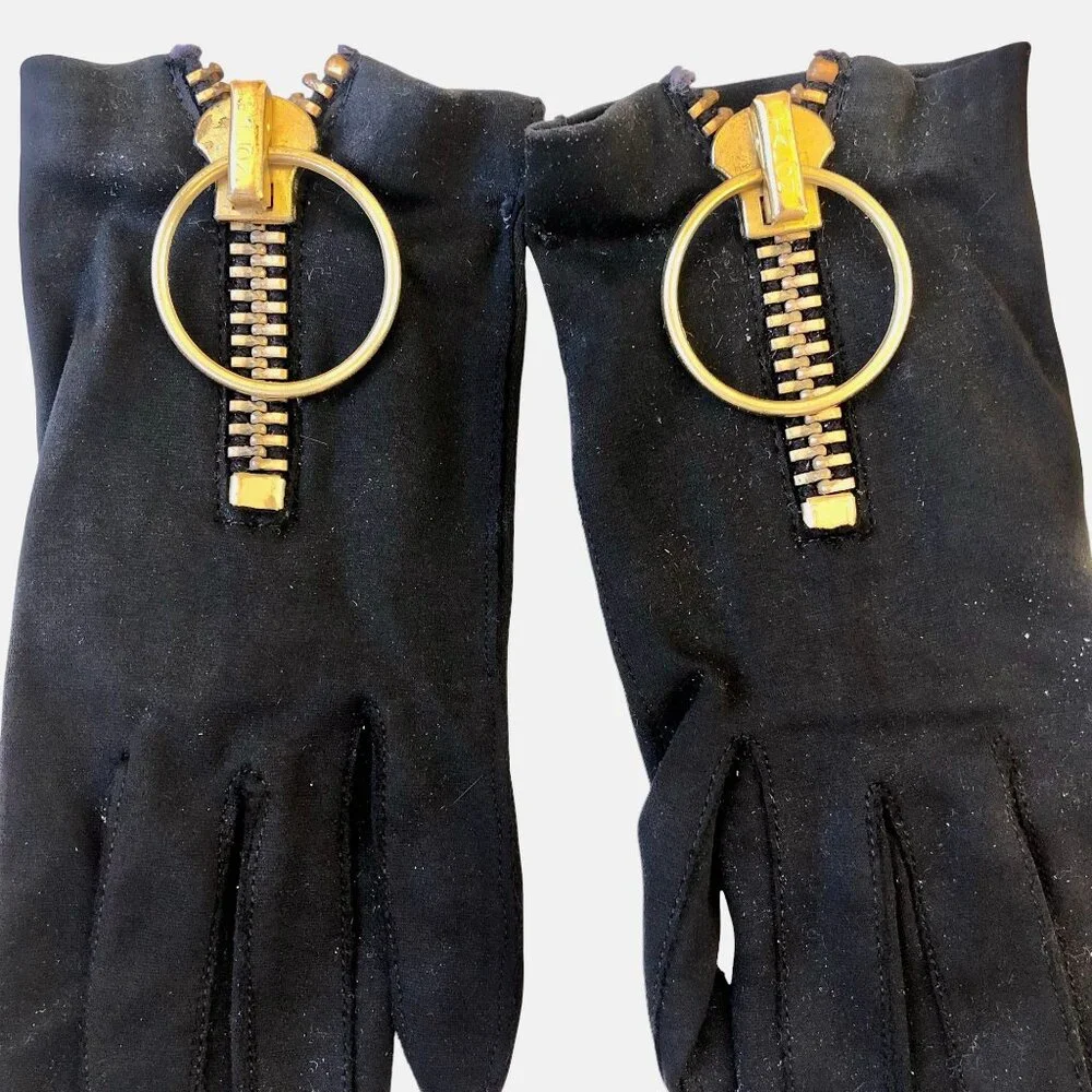 Vintage Womens Pair of Hand Gloves Black Fabric with Zipper size 6